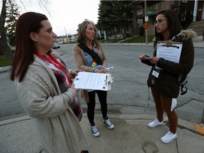 Angela Yakonich, Holly Audet and Chenessa Solomon (right) walk the streets during a survey which seeks to determine the number of homeless people living in Windsor on Tuesday, April 19, 2016.