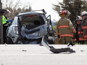 Emergency services personnel work at the scene of a multi vehicle accident on Highway 3 at County Road 23 in Essex on Wednesday, April 27, 2016.