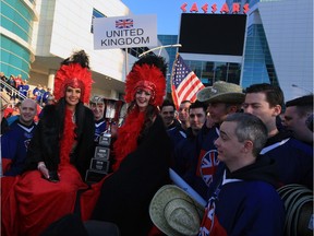 Players from the United Kingdom surround the CARHA trophy during opening ceremonies on April 3, 2016 of the CARHA World Cup as teams leave Caesars Windsor for a parade and street party in downtown Windsor.