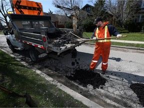 City of Windsor worker Tim Boughner fills potholes on Askin Boulevard on April 5, 2016.