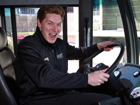 You won't have to tell this bus driver to speed up a little bit, as Indycar driver Josef Newgarden has some fun in a Transit Windsor bus during Chevrolet Belle Isle Grand Prix press conference at Windsor's Festival Plaza on April 12, 2016.