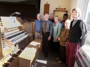 Royal College of Organists, from left, Dale Burkholder, David Palmer, Ron Dossenbach,  Jonathan Kaberuka, narrator Marilyn Young, and Josh Palmer performed at the member's recital held at Paulin Memorial Presbyterian Church in south Windsor on April 17, 2016.
