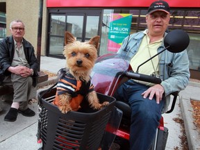 Greg Smith, right, takes his pet Cowboy Bill for a ride in the basket of his scooter on Ouellette Avenue April 22, 2016.