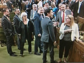 Prime Minister Justin Trudeau, with back to camera, confronts other MPs including Essex NDP MP Tracey Ramsey.