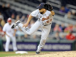 Francisco Rodriguez #57 of the Detroit Tigers pitches in the ninth inning against the Washington Nationals at Nationals Park on May 10, 2016 in Washington, DC. Detroit won the game 5-4. (Photo by Greg Fiume/Getty Images)