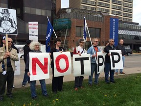 TPP protesters in Windsor on May 12, 2016. (Julie Kotsis/Windsor Star)