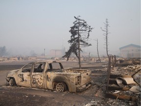 Home foundations and shells of vehicles are nearly all that remain in a residential neighbourhood destroyed by a wildfire on May 6, 2016 in Fort McMurray, Alberta.
