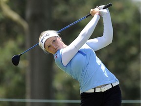 Brooke Henderson hits from the second tee during the final round of the LPGA Volvik Championship golf tournament at the Travis Pointe Country Club, Sunday, May 29, 2016 in Ann Arbor, Mich.