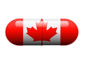 A pill with the Canadian flag wrapped around it. Image by Getty Images.