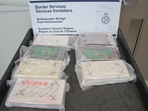Cocaine seized at the Ambassador Bridge on May 22, 2016 is pictured in this handout photo.