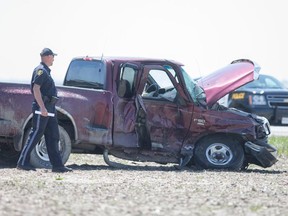 The wreckage of one of the pickup trucks involved in a fatal collision at Road 6 East and Graham Side Road near Kingsville on May 6, 2016.