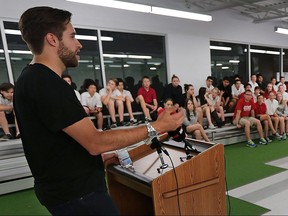 Essex County native and Florida Panther all star Aaron Ekblad speaks to students at the F.J. Brennan Centre for Excellence on Friday, May 26, 2016.