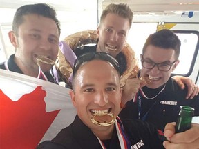 Members of Team Ontario, Chris Kirwin, Lance Hulver, Nick Montaleone and Slawomir Pulcer, display gold medals after winning at the Rallye Rejviz paramedic competition in the Czech Republic.