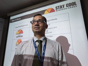 Dr. Wajid Ahmed, associate medical officer of health with the Windsor-Essex County Health Unit is shown during a media conference on Friday, May 27, 2016 regarding a new heat warning system.