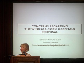 Philippa Von Ziegenweidt, from the Citizens for an Accountable Mega-Hospital Planning Process (CAMPP), speaks at the board of directors open board meeting at the Caboto Club, Tuesday, May 24, 2016.