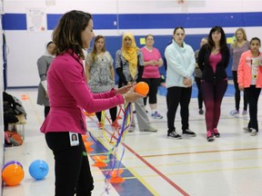 Karen Lukic, health promotion specialist in the Healthy Families Department at the Windsor-Essex County Health Unit, teaches child-care educators how to use the equipment in the physical literacy kits.
Courtesy of the Windsor-Essex County Health Unit
handout-Windsor Star