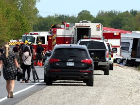 Emergency crews respond to the scene of a fatal multi-vehicle crash on Highway 3 near the Upcott Side Road in Kingsville, Ont., on May 20, 2016.