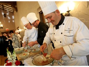 Chefs Michael Jimmerfield, Dan Beaulieu and Derek Prowse serve up steak tartare with a chimichurri sauce at a dinner for the Canadian Culinary Federation's 2016 convention at Essex Golf and Country Club on Tuesday, May 17, 2016.