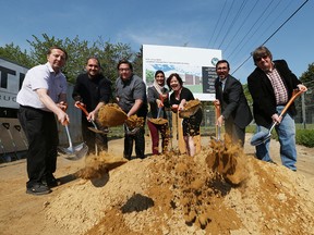 Randy Gloss, owner of Gloss Associates Inc. Nick Rosati, Tony Rosati co-owners of Rosati Construction, Layla Bakaa LDSS student,  Erin Kelly Director of Education GECDSB, Kyle Berard LDSS Principal and  Dave Taves, School Board Trustee during the ground break ceremony for the new Leamington District Secondary School on May 25, 2016.