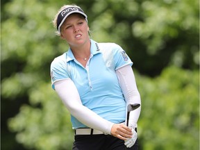 Brooke Henderson tees off on the seventh hole during the first round of the LPGA Volvik Championship on May 26, 2016 at Travis Pointe Country Club Ann Arbor, Mich.