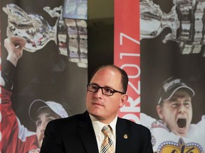 Windsor Mayor Drew Dilkens is shown at a news conference on May 2, 2016 at the WFCU Centre, after it was announced that Windsor, Ont., will host the 2017 MasterCard Memorial Cup.