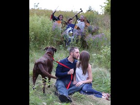 Alexandria Stevenson's viral pic of an engaged couple at Malden Park in Windsor, unexpectedly "photobombed" by medieval re-enactors.