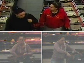 Security camera images showing suspects in theft incidents at stores in Windsor.