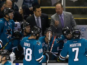 Bob Boughner, at left, has rejoined the San Jose Sharks head coach Peter DeBoer, right, as an assistant coach.