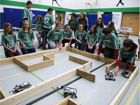 St. Patrick School students put their robotics projects to the test in a maze on Friday April 29, 2016 in Peterborough, Ont. in preparation for the the 27th annual Ontario Technological Skills Competition: the largest skilled trades competition in Canada May 2 - 4 at RIM Park in Waterloo, Ont. The competition will attract over 2,100 elementary, secondary and post-secondary students from across Ontario, as they compete against the best skilled trades and technology students in the province. Clifford Skarstedt/Peterborough Examiner/Postmedia Network