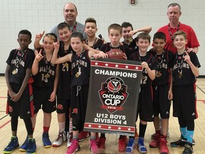 The Riverside Falcons U12 boys basketball team captured the Div. 4 gold medal at the Ontario Basketball Association Championships in Milton. From left, Omar Omar, Carter Burke, Luka Vucak, coach Steve Carey, Troy Nekkers, Tyler Karenya , Keegan MacDougall, Ethan Nekkers, Sullivan Culhane, Isaiah Woodley, coach Sean Culhane and Mason Sleiman