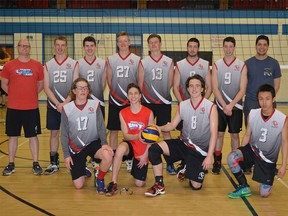 The Velocity boys volleyball team went undefeated at a Goderich Tournament. Front row, from left: Jordan Fehr, Andrew Botham, Josh Remigio, Calvin Wongsuna; back row, from left: club director Jim Konrad, Andrew Klein, Tyler Friesen, Daniel Warkentin, Kevin Fehr, Robert Botham, Allan Botham, coach Ryan Botham