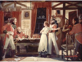 Undated file photo. Laura Secord is surrounded by British officers, warning them of an impending American attack. HANDOUT PHOTO.   For Randy Boswell (Postmedia News).