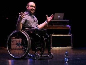 Spencer West speaks to students during the WE in WECDSB Day at the Chrysler Theatre in Windsor on Tuesday, May 17, 2016. Despite having both legs amputated West has climbed Mt. Kilimanjaro.