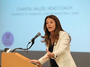 University of Windsor Lancers women's basketball coach Chantal Vallée speaks during the launch of Women Leading the Way at the St. Clair Centre for the Arts in Windsor on Wednesday, May 4, 2016.