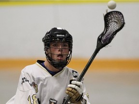 Windsor Clippers Logan Holmes during Ontario Junior B Lacrosse action against the Point Edward Pacers on May 13, 2015 at Forest Glade Arena.