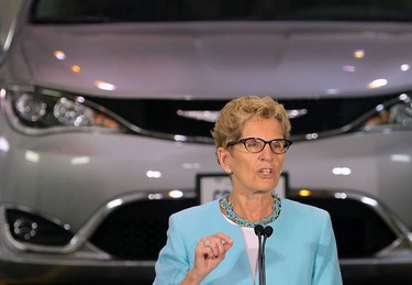 Premier Kathleen Wynne held a media conference on Wednesday, June 15, 2016, at the University of Windsor-Fiat Chrysler Automotive Research and Development Centre to announce support for the first plug-in hybrid electric minivan to be built in North America. The province will provide $85.8 million to FCA to develop the Chrysler Pacifica Hybrid. Wynne is shown speaking during the event.