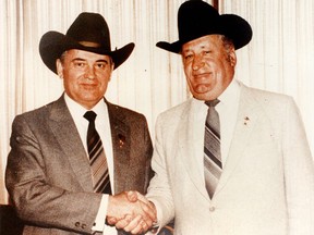 Eugene Whelan with then, largely-unknown Mikhail Gorbachev during his May 20 1983 visit to Essex-Windsor when both men were agriculture ministers.