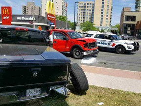 Emergency crews were kept busy this morning by a multi-vehicle crash involving pick-up trucks near the intersection of Wyandotte Street East and Pillette Road. (Kurtis Cullen/Special to The Star)