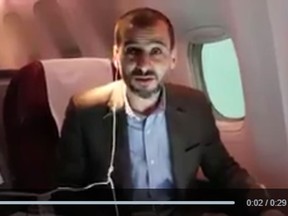 Salim Alaradi appears in a screen grab from a video he made June 2, 2016 after boarding a plan to leave the UAE.