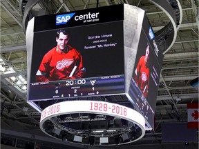 An image is shown of NHL legend Gordie Howe during Game 6 of the 2016 NHL Stanley Cup Final between the Pittsburgh Penguins and the San Jose Sharks at SAP Center on June 12, 2016 in San Jose, Calif.