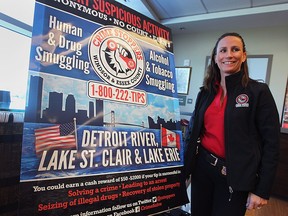 The Windsor and Essex County Crime Stoppers organization launched its new marine focused initiative on Wednesday, June 8, 2016, at the HMCS NCSM Hunter in Windsor, ON.  A new poster was unveiled and the awareness campaign promoting the use of tips on the waterways to help prevent human trafficking, drug trafficking, smuggling and impaired boating. A number of local law enforcement partners attended the event. Const. Amanda Allen, OPP coordinator with the group is shown with the poster during the media conference.