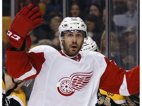 Detroit Red Wings' Drew Miller raises his arms as he looks for a penalty to be called against the Boston Bruins, during the first period of Game 1 of a first-round NHL playoff hockey series in Boston on April 18, 2014.