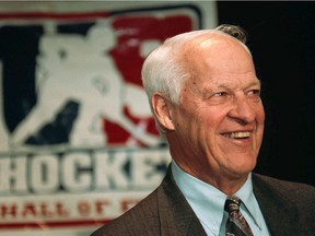 In this file photo, hockey legend Gordie Howe speaks before the U.S. Hockey Hall of Fame's 27th annual Enshrinement Dinner at the Xcel Energy Center in St. Paul, Minn., on Nov. 1, 2000.