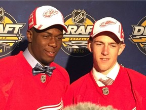 Forward Givani Smith, left, and defenceman Filip Hronek appear together after the Detroit Red Wings selected the pair in the second round of the 2016 NHL Draft in Buffalo, N.Y., on Saturday, June 25, 2016.