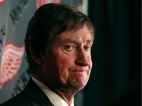 Wayne Gretzky speaks to the reporters at Joe Louis Arena in Detroit, Mich.,  on June 14, 2016. A public visitation was held for Gordie Howe who passed away last week.