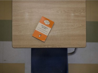 A copy of The Great Gatsby sits on a desk in Shelby Kawa's grade 11 english class at Harrow District High School, Thursday, June 16, 2016.  The school is to be closed for good after this school year.