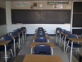 An empty classroom is pictured at Harrow District High School on June 16, 2016.