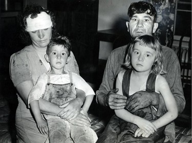 June 19, 1946: Daniel Puskas of Sandwich West undoubtedly saved the lives of his wife and two children when he hurled the children under a haystack, covered his wife with hay and then laid on top of the pile to keep the hay in place when he saw the twister coming. The Puskases are shown with their children Daniel, 4, and Ethel, 6. The youngsters told how the hay was swept away by the tornado leaving them on the ground unharmed. Mrs. Puskas later was struck on the head by a 2x4 flying through the air.
