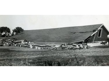 June 1946: A collapsed building is shown following the tornado that rolled through the Windsor area on June 17, 1946. The 10-foot walls crumbled into rubble with the roof resting on top.