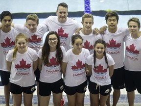 Swimmers competing in the Summer International Children's Games 2016, are pictured with their coach, Mike Mcwha at the Windsor International Aquatic and Training Centre, Tuesday, May 31, 2016.  Back row, from left: Quinn Degraff, Chris Corbett, coach Mike Mcwha, Bailey Humber, Lucas Wang, and Jack Kowa; front row, from left: Zoey Tiplady, Jasmine Aden, Isadora Sekaric, and Madelyn Gatrall.